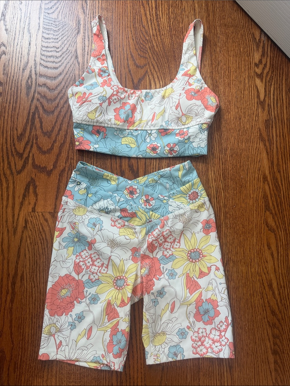 Floral Crop Top & Bike Shorts Set in Coral, Yellow, Blue